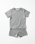 Kids plain grey melange cotton co-ord set - half sleeve t-shirt and shorts flat lay