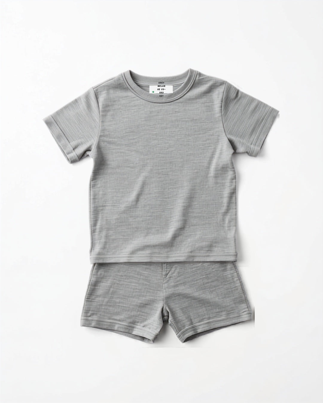Kids plain grey melange cotton co-ord set - half sleeve t-shirt and shorts flat lay