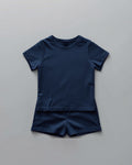 Kids plain navy blue cotton co-ord set - half sleeve t-shirt and shorts flat lay