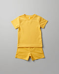 Kids plain yellow cotton co-ord set - half sleeve t-shirt and shorts flat lay